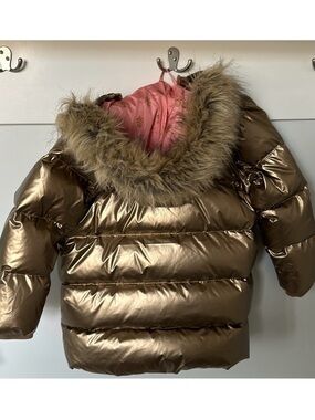 Pink Chicken Metallic Bronze Puffer Coat with Faux Fur Hood